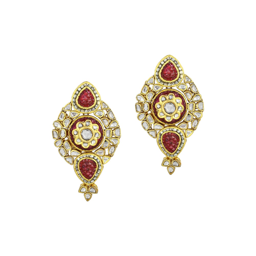 Central Floral Polki Earrings with Red Gemstones